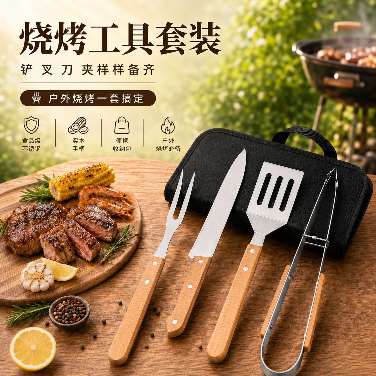 Juego Portable de Utensilios para Barbacoa de Acero Inoxidable con Mango de Madera para Camping