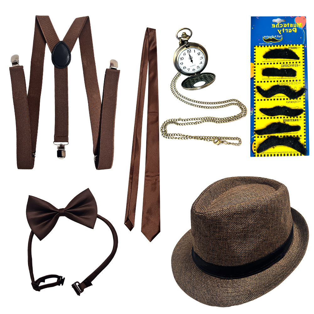 Accesorios de los años 20, sombrero de hombre estilo Gatsby para fiesta de baile, reloj de bolsillo, cordón, corbata, conjunto de sombrero, venta al por mayor image 10