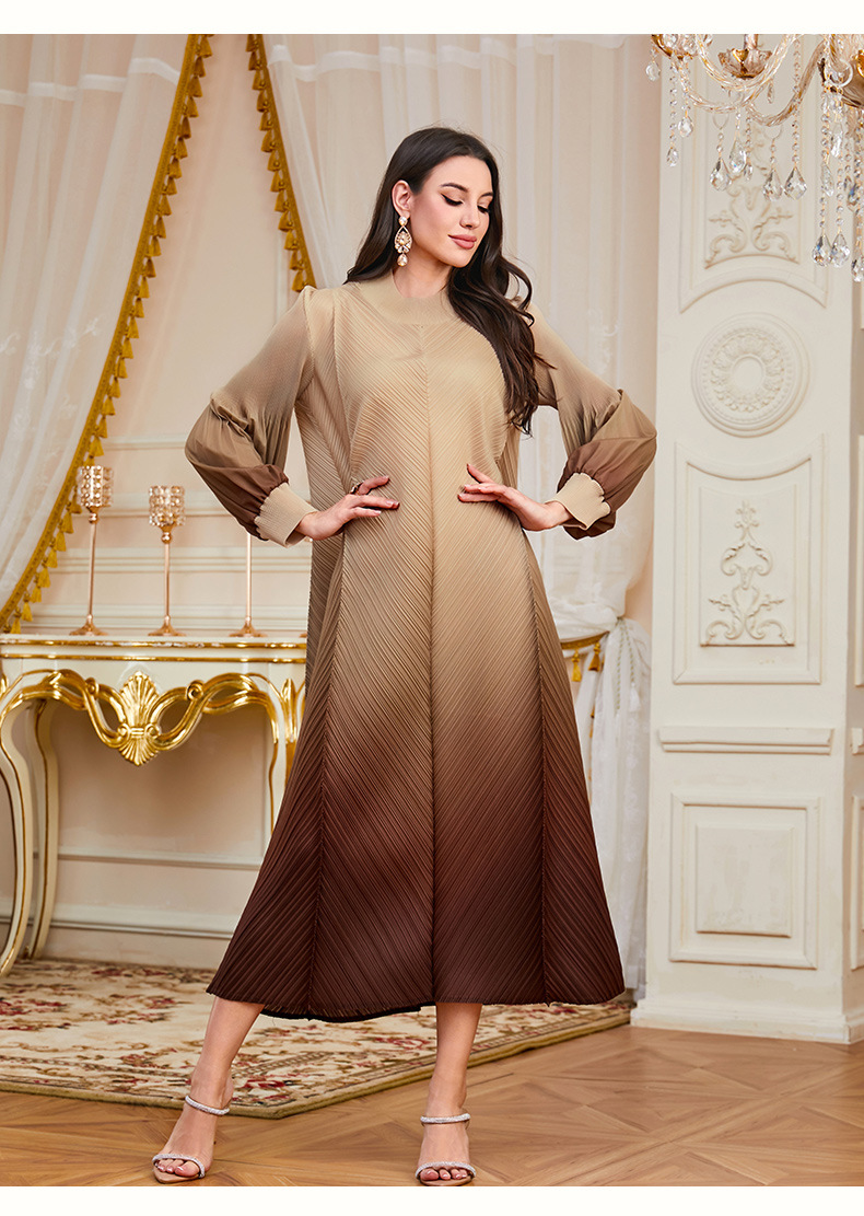 Foreign Trade Middle Eastern Women's Clothing Dubai Pleated Robe Elegant High-End Gradient Color Puff Sleeve Long Loose_ecoleips.com