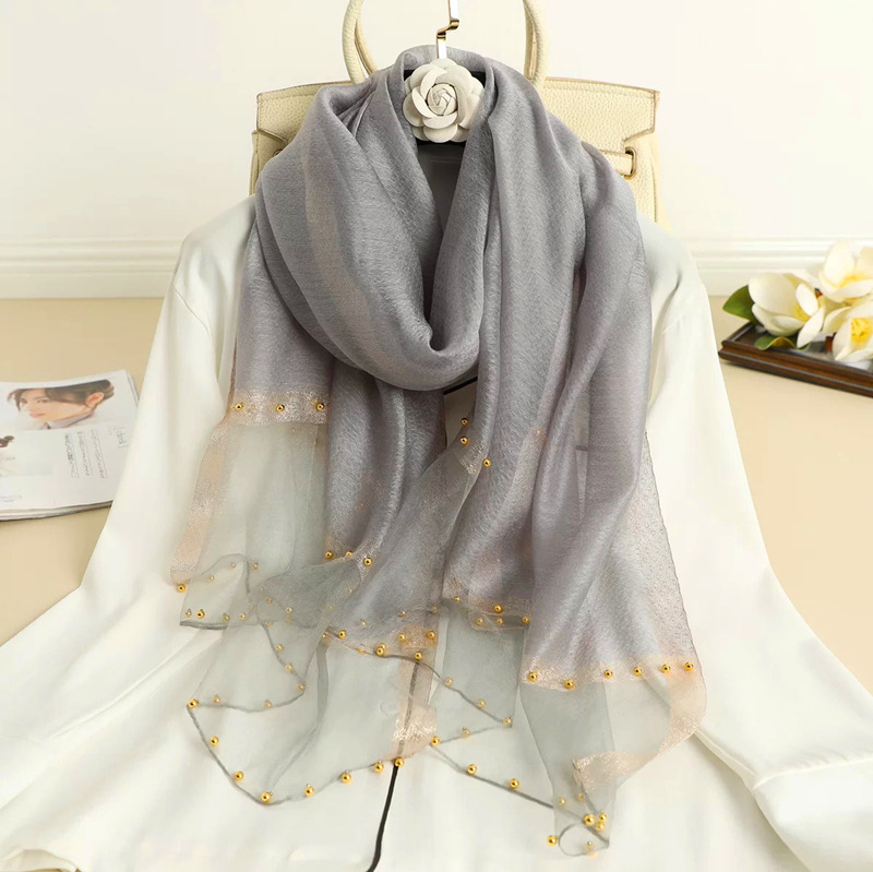 Spring summer autumn new scarf female thin hand-nailed beaded solid color shawl gold silk personality gauze scarf silk scarf wholesale