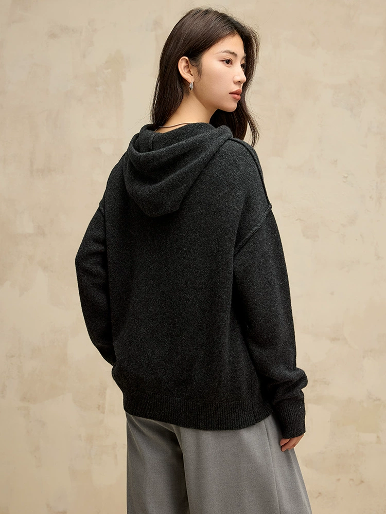 Демисезонная шерстяная худи, вязаный свитер, drawstring, oversize