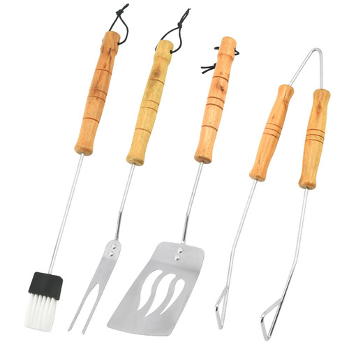 Cross-border thick outdoor barbecue BBQ 4-piece wood-handled carbon tongs, spatulas, skewers, brushes, campfire barbecue tools