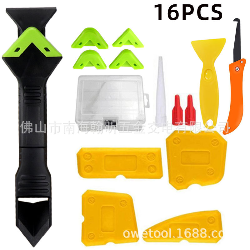 跨境16件套盒装3合1塑料刮刀密封填缝工具勾刀胶刮器美缝刮板喷嘴