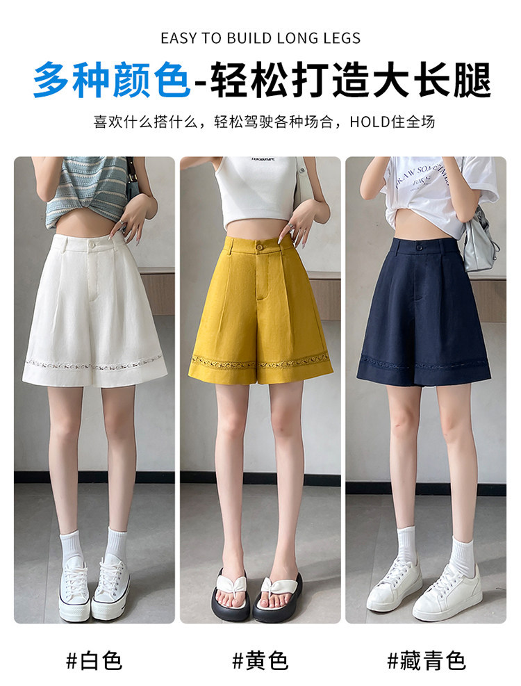 Quần short vải lanh nữ cạp cao ống rộng dáng chữ A — Xanh lông mòng đen chi tiết 32