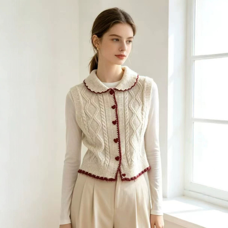 European and American style doll collar heart button cable knit sweater vest for women, new autumn collection, loose fit, college style, soft and cozy knitted vest European and American style doll collar heart button cable knit sweater vest for women, new autumn collection, loose fit, college style, soft and cozy knitted vest