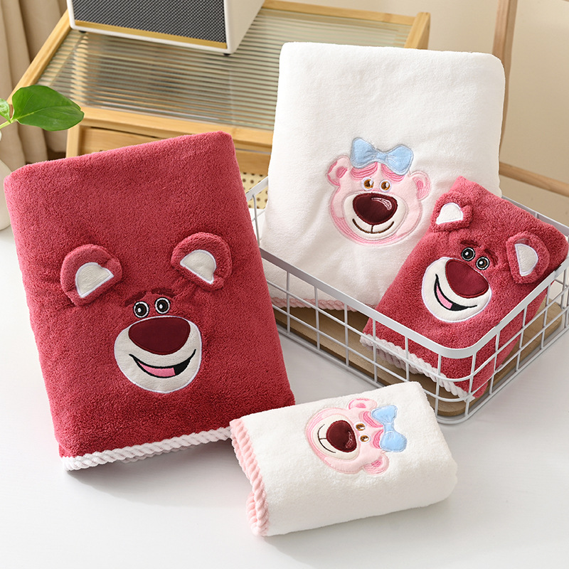 Strawberry bear bath towel 2023 new pure cotton absorbent household cute couple coral velvet bath towel female wholesale
