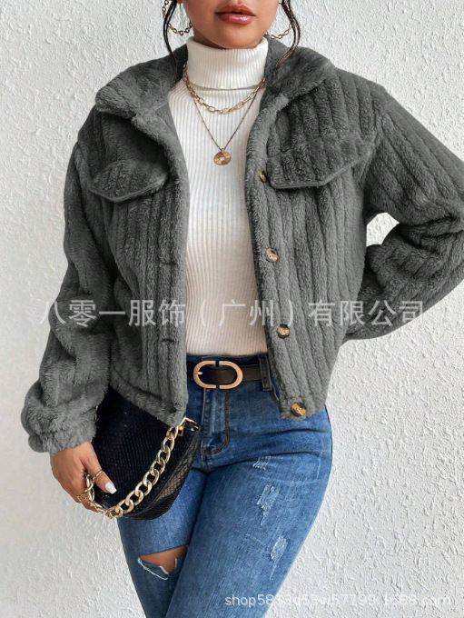 跨境速卖通秋冬毛绒夹克翻领加绒保暖时尚短装加厚女装休闲风外套|undefined