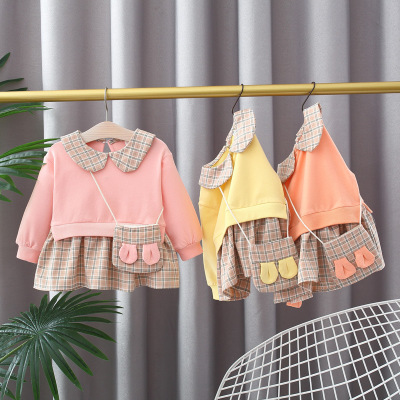 童裝女童衛衣裙春秋季嬰幼兒童女寶寶春裝娃娃領格子拼接裙衫上衣