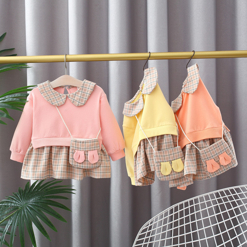 童裝女童衛衣裙春秋季嬰幼兒童女寶寶春裝娃娃領格子拼接裙衫上衣