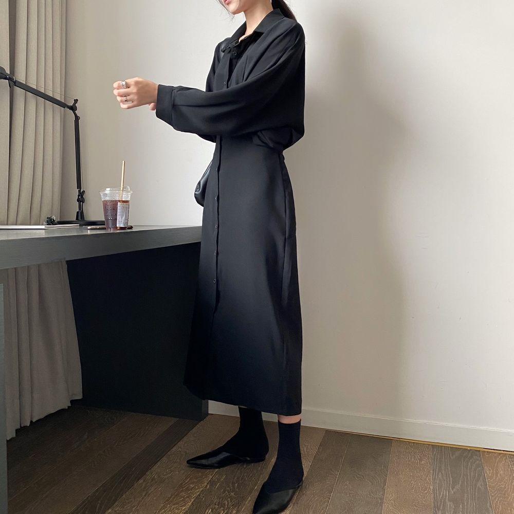 385g Weight Long Sleeve Sleeve Length A- Line Skirt Dresses Type Regular Sleeve Sleeve Type Polyester, Polyester Fabric Type Cardigan, Shirt Collar Neckline Regular Fit Fit Type Solid Color Pattern New Style, Japanese and New Leisure Style Elegant French Waist Cinching Slimming Fairy Tale Style Long Dress Goddess Look Loose Fit One Piece Pure Color Polyester Dress 3