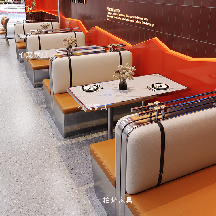 Foshan sofá de acero inoxidable asiento tarjeta mesa y silla restaurante de pescado asado estilo industrial comercial restaurante occidental Hotpot tienda de mesa y silla de barbacoa grupo