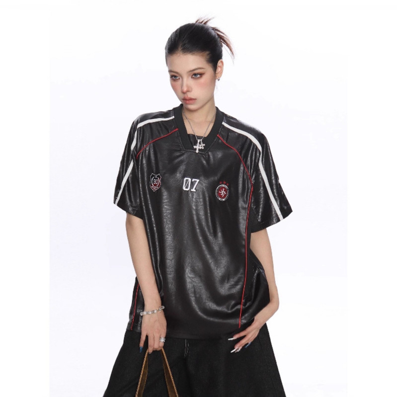 Cross-Border American Retro Contrasting Color V Neck Short-Sleeved T-Shirt for Women Loose and Breathable Summer Pu Leather Stitching Hip-Hop Couple Wear