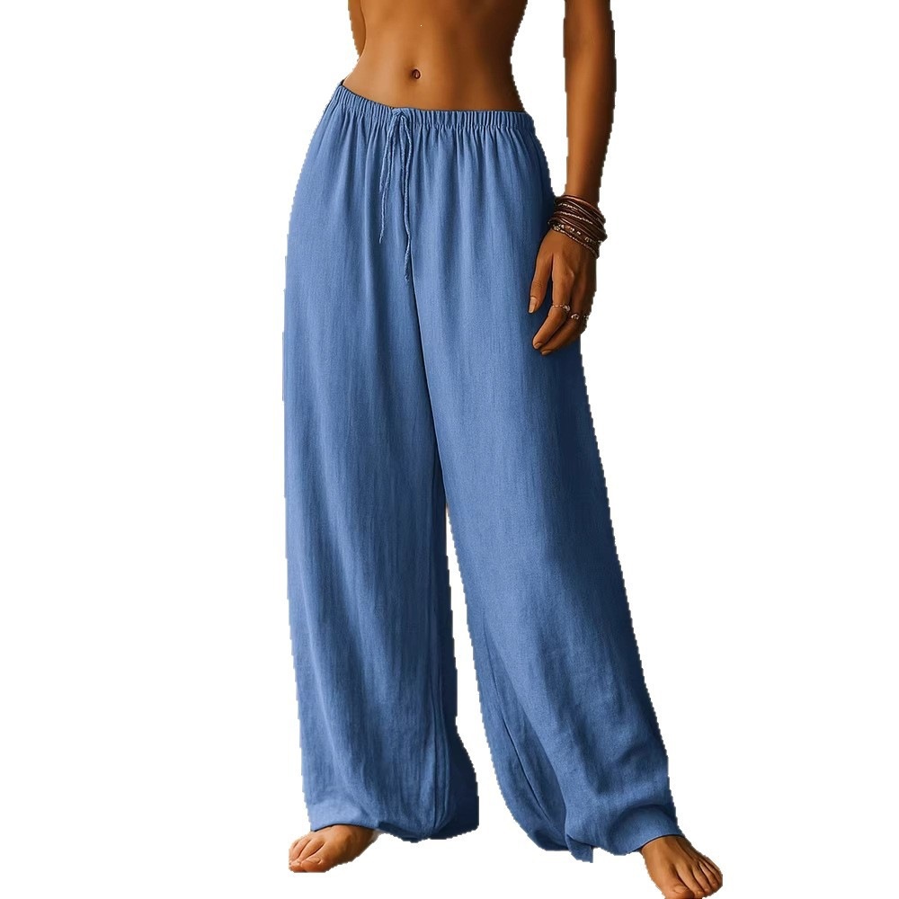 Women's Clothing Women's Cotton Linen Loose Straight Leg Pants With Elastic Waist And Pockets Solid Color Casual Bottoms_ecoleips.com