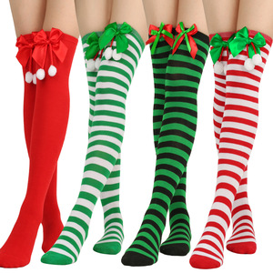 Bow Christmas socks ball ball socks knee socks for women girls cheerleaders gogo dancers long European and American holiday Christmas striped stockings