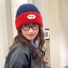 显脸小毛线帽女秋冬季拼色大头围粗针织帽红色黑色堆堆帽子潮