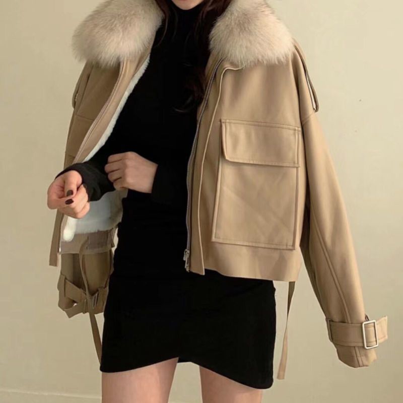 Korean Velvet Thickeneded Leather Jacket Women's Winter New Style Small Loose Large Fur Collar Cotton Short Motorcycle Jacket