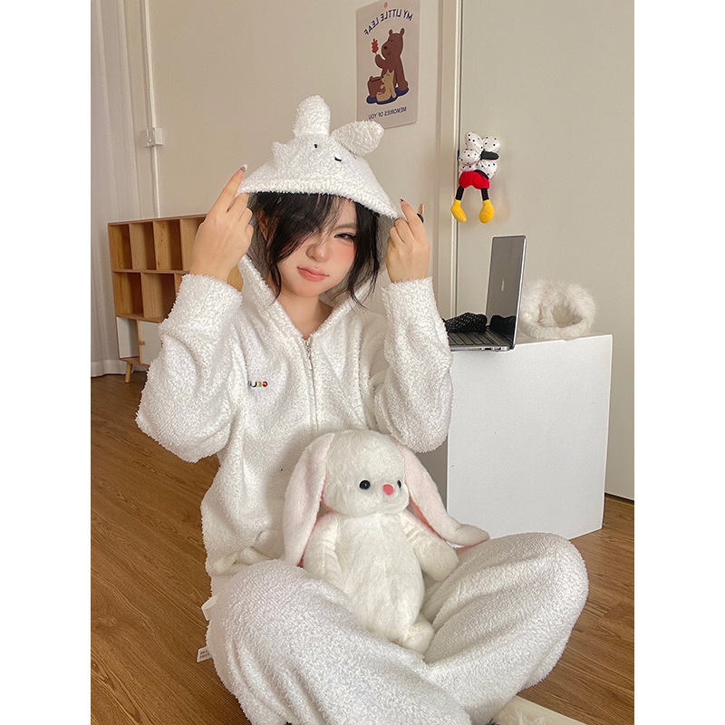 可爱米菲兔半边绒连帽睡衣女秋季2025新款加厚保暖可外穿家居服潮|undefined