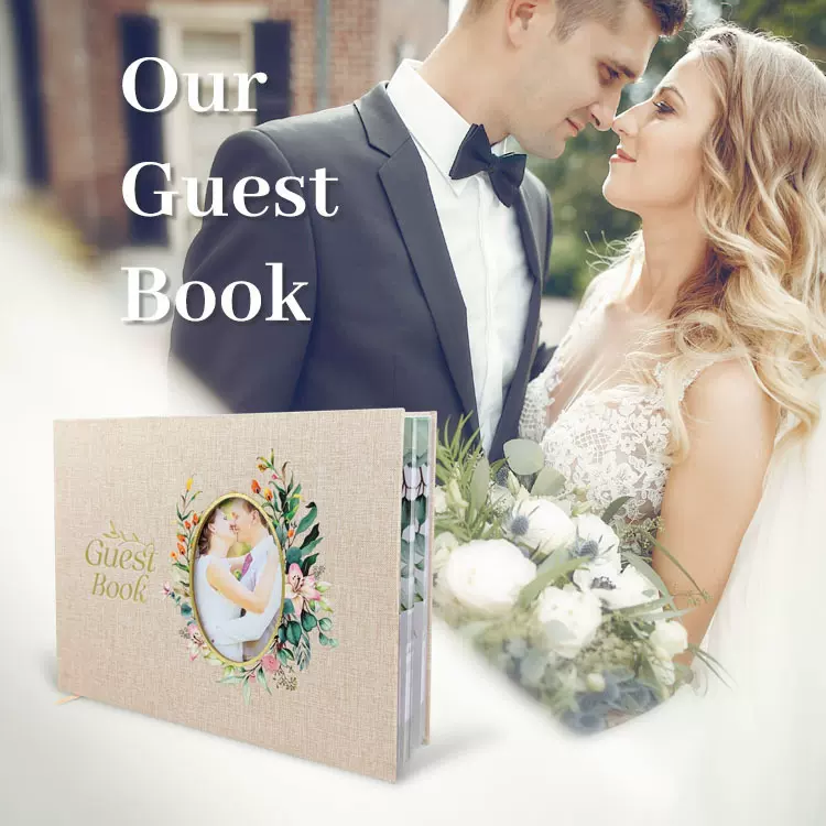 Wedding Guest Book留言簿跨境亚麻签到本开窗葬礼婚礼告别签到本
