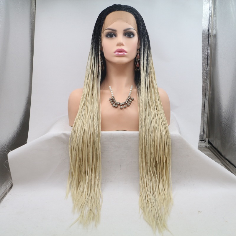 Sylvia Gradient Yellow Thin Braid Hand Hook Front Lace Chemical Fiber Wig Matte High Temperature Silk Color Headgear