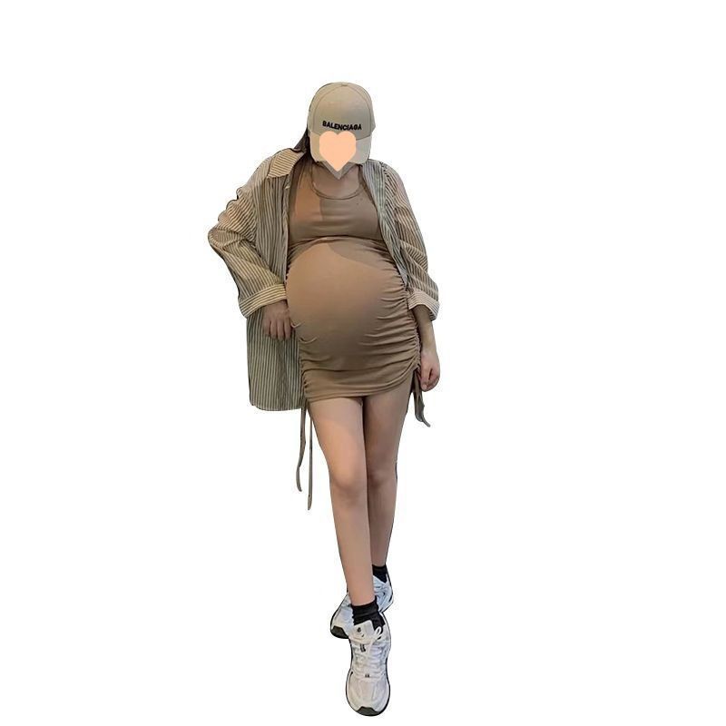 (2개) 서스펜더와 프랑스 끈 조임 탄성 슬리밍 캐주얼 다용도 핫맘 힙 스커트 봄 여름 가을이 달린 임산부 조끼 드레스