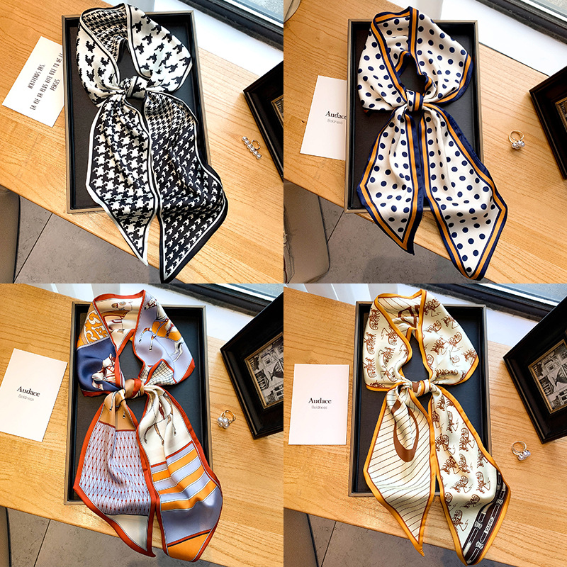 2021 New Korean Style Silk-Like Small Collar Scarf Autumn/Winter Decorative Warmth Cold Protection Long Scarf Hairband Bag Tying