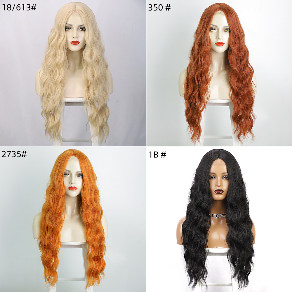 Peruklar Kadın Ön Dantel Ortadan Ayrılan Küçük Dantel Turuncu Renk Uzun Kıvırcık Saç Sentetik Peruklar_voghion.com