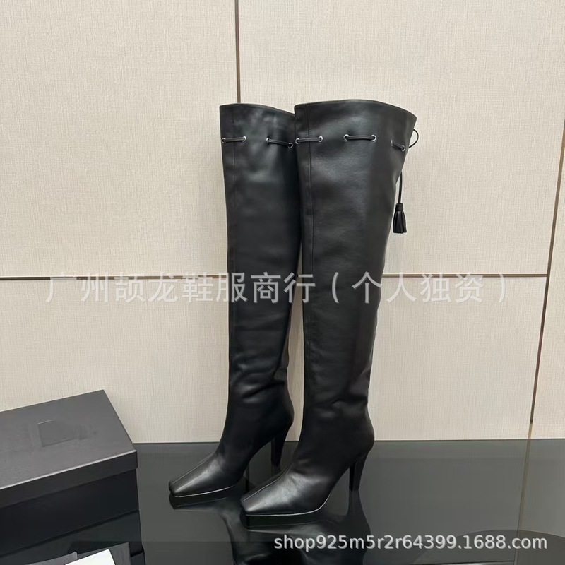高端2025欧美新款时髦方头高跟过膝长靴女真皮流苏绑带褶皱堆堆靴|undefined