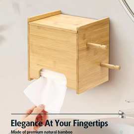 竹制纸巾盒壁挂式卫生间卷纸收纳架带侧钩洗脸巾支架木质抽纸盒
