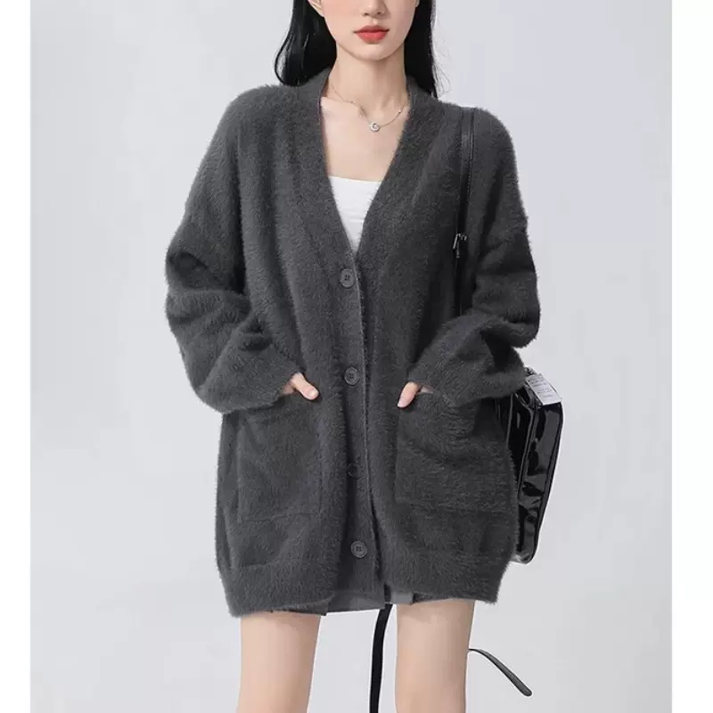 仿貂绒中长款毛衣外套女慵懒风oversize秋冬情侣针织开衫宽松外穿