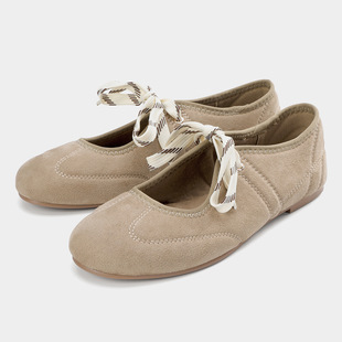 Za2025 New Summer Women's Shoes Beige Brown Suede Leather Lace-Up Ballet Style Flats Shoes Shallow Mouth Fashion Flats