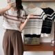 2023 Summer New Round Neck Contrast Color Striped Sweater T-shirt Women's Retro Shoulder Short-sleeved Base All-match Top
