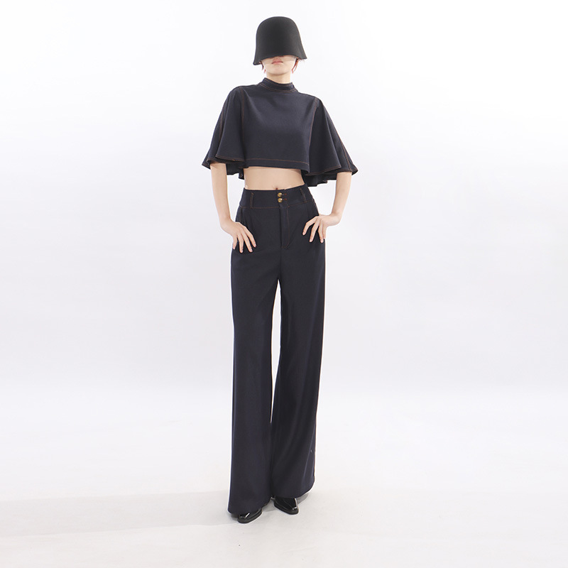 2026 Autumn New Style Elegant Retro Style Waist-Exposing Flared Sleeve Denim Top and Slim-Fit Wide-Leg Pants Set