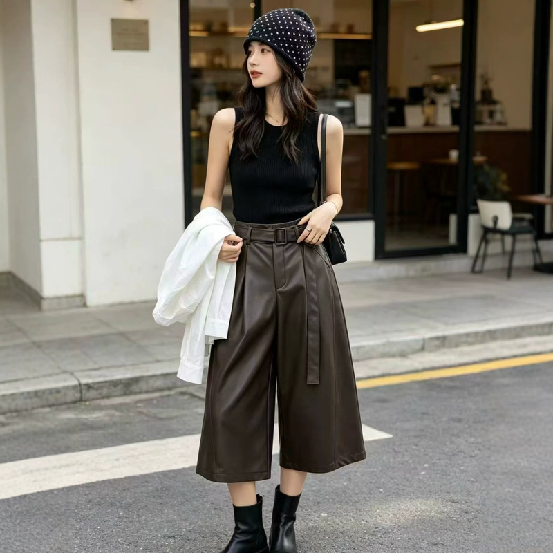 High-Waisted Slimming Pu Leather Wide-Leg Pants for Women, 2026 Autumn Collection, Brown and Black Versatile Workwear Style, Cropped Casual Loose Pants High-Waisted Slimming Pu Leather Wide-Leg Pants for Women, 2026 Autumn Collection, Brown and Black Versatile Workwear Style, Cropped Casual Loose Pants