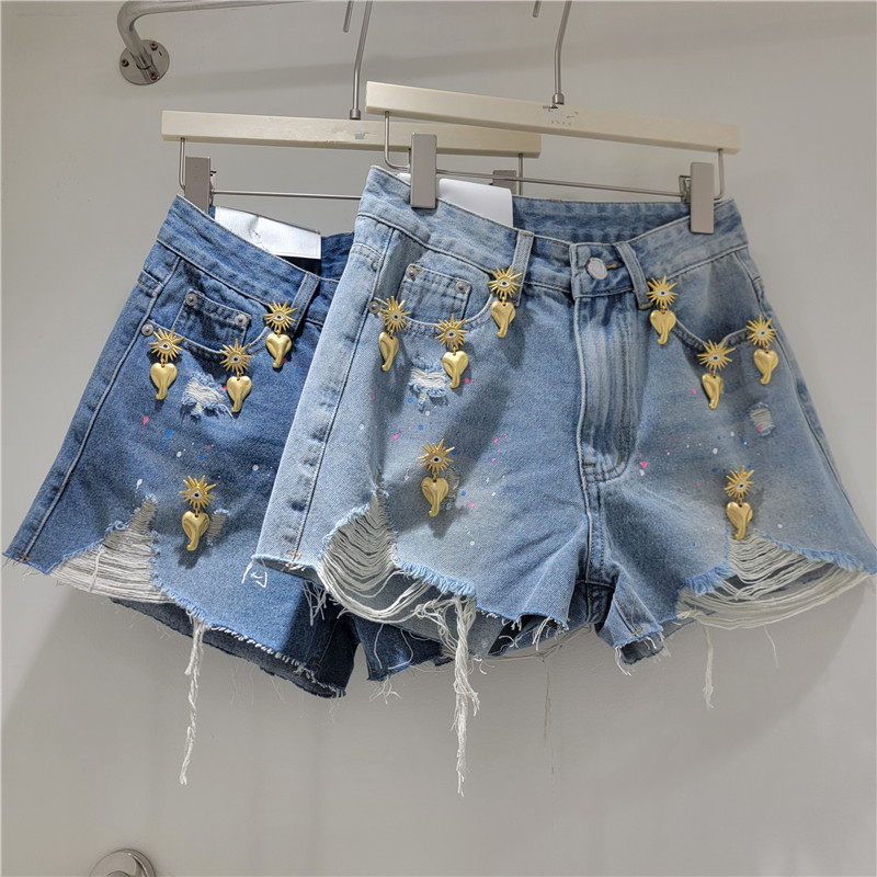 Shorts de Mezclilla con Adorno Metálico Mezclilla y Poliéster Tiro Alto Pierna Ancha para Verano