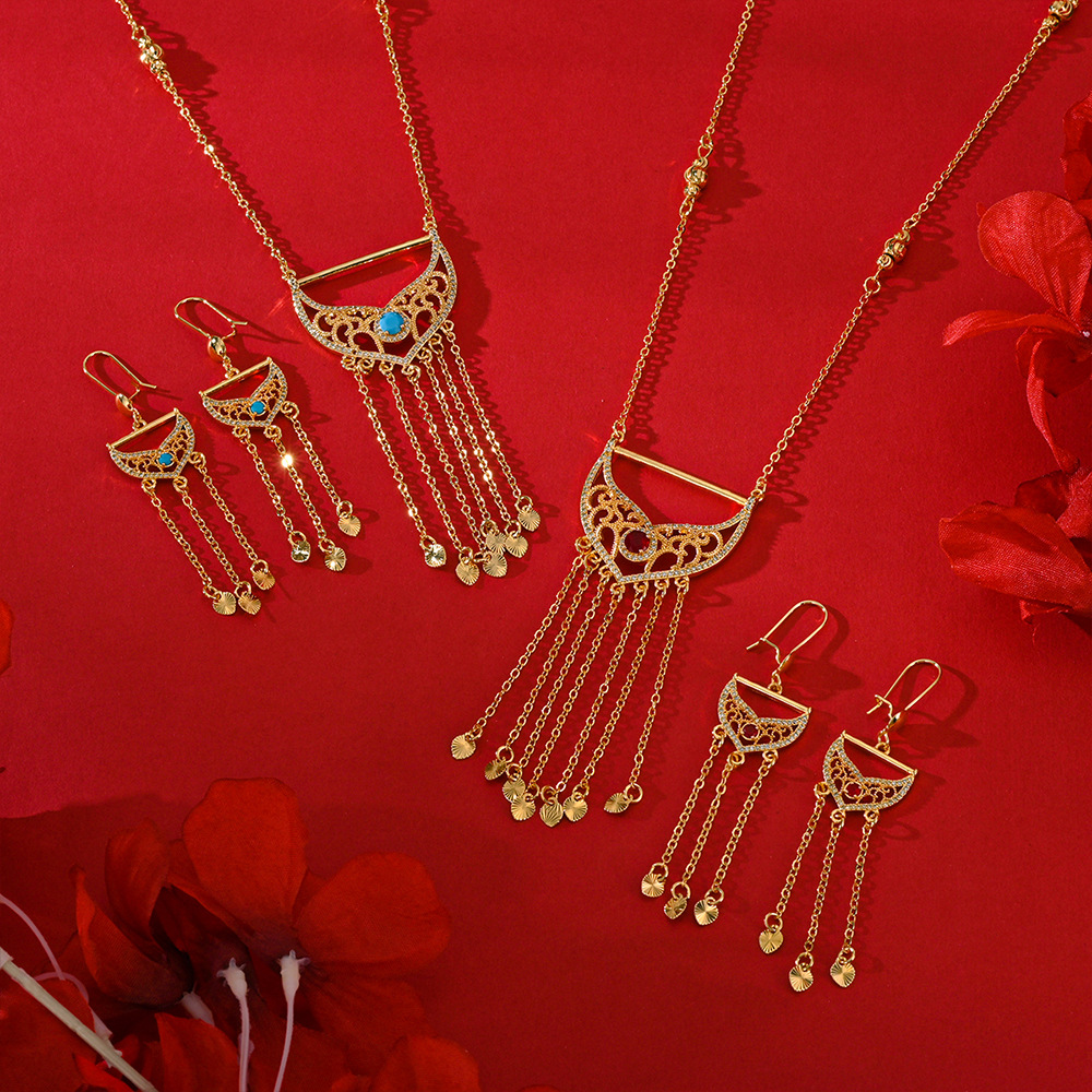 Popularidad transfronteriza aretes de mano exquisita collar conjunto de joyería mujer bronce dorado diamantes pendientes colgantes dos joyerías image 1