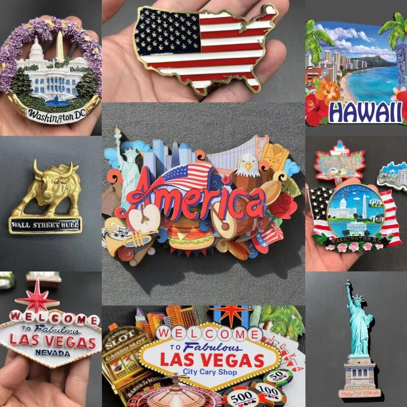 American refrigerator magnets Tourist souvenirs Statue of Liberty New York Los Angeles San Francisco Boston Hawaii