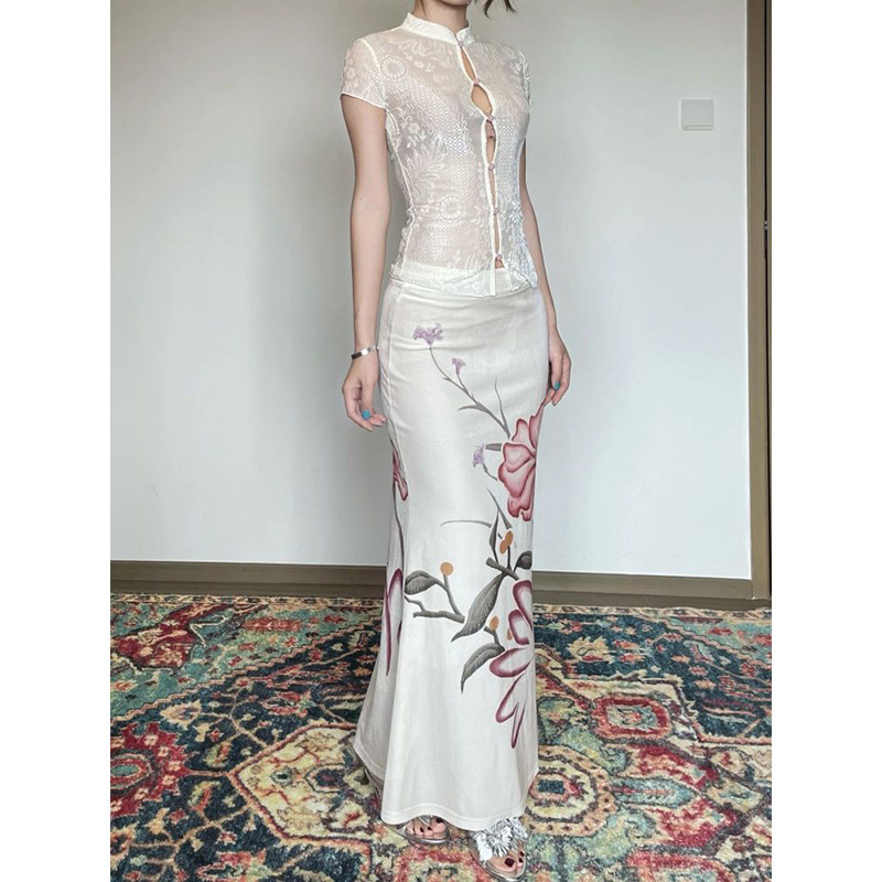 设计两穿时尚气质套装女夏季印花衬衫修身上衣显瘦半身长裙两件套|undefined