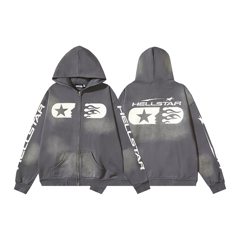 Hellstar ヨーロッパとアメリカのトレンディなブランド、ハイストリート、レトロ、ウォッシュド、ダメージ加工、プリント、ストリート、ルーズフィットのパーカー、男性用と女性用のスウェットシャツ|undefined