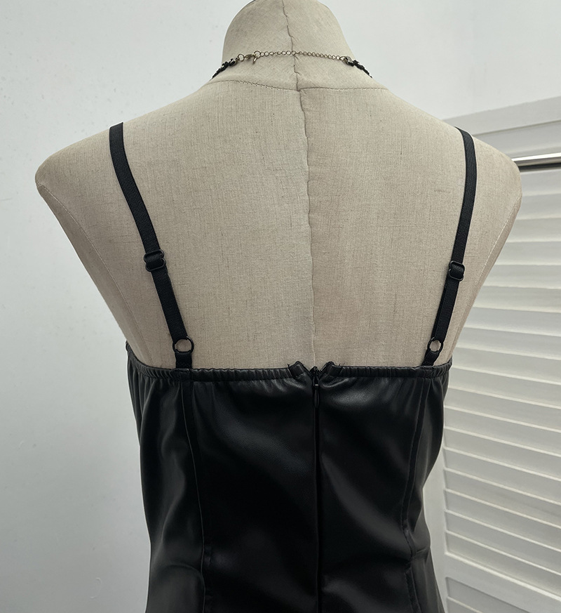 Real Shot Sexy Sling Sheath A line Faux Leather Waist Slimming Short Chest Pad Dress