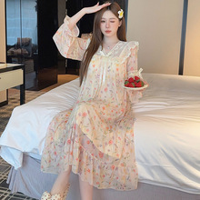凌蕾春秋季碎花蕾丝蝴蝶结网纱宫廷公主风中长睡裙睡衣家居服女
