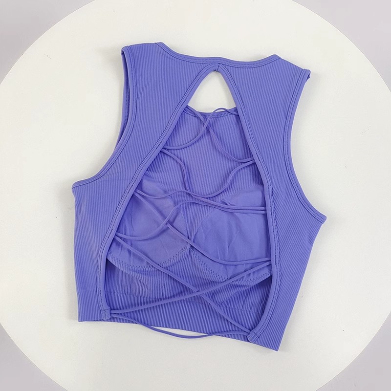 Hermoso chaleco de yoga con cordones cruzados, ropa interior deportiva de copa fija para mujer, ropa deportiva para correr, top sexy