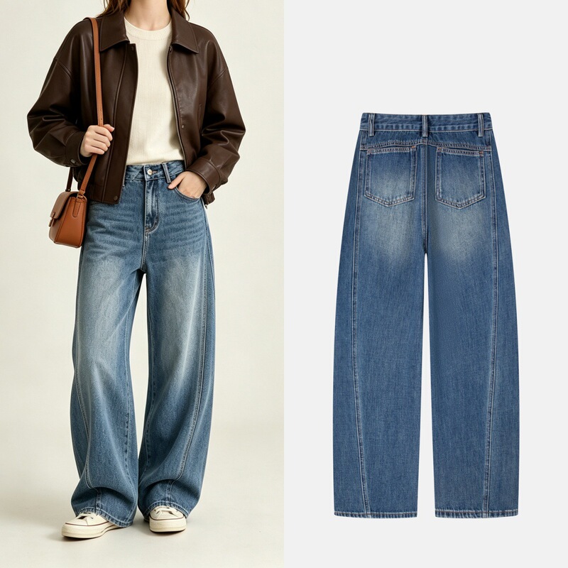Vintage Washed Split-Line Curved-Cut Jeans for Women, High-Waisted, Three-Dimensional Cut, Loose, Non-Stretch, Banana Wide-Leg Trousers Vintage Washed Split-Line Curved-Cut Jeans for Women, High-Waisted, Three-Dimensional Cut, Loose, Non-Stretch, Banana Wide-Leg Trousers