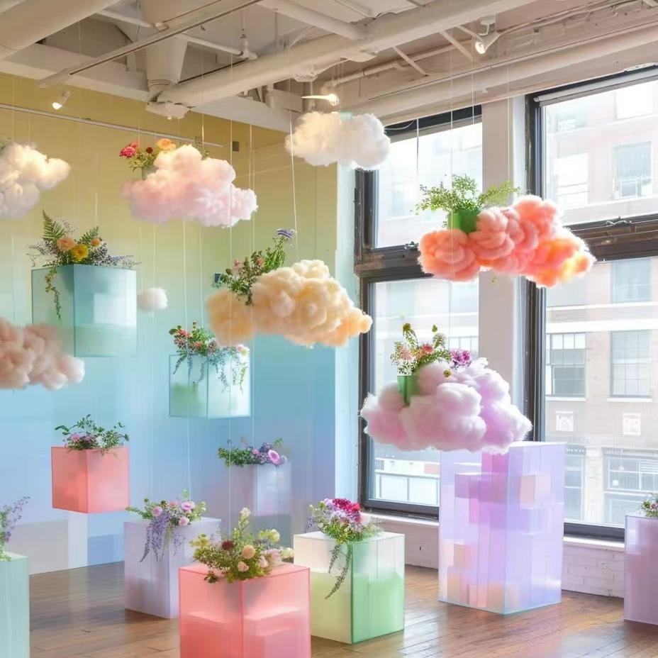 彩色亚克力板商场店面展示盒花卉鲜花装饰悬浮艺术装置美陈展示