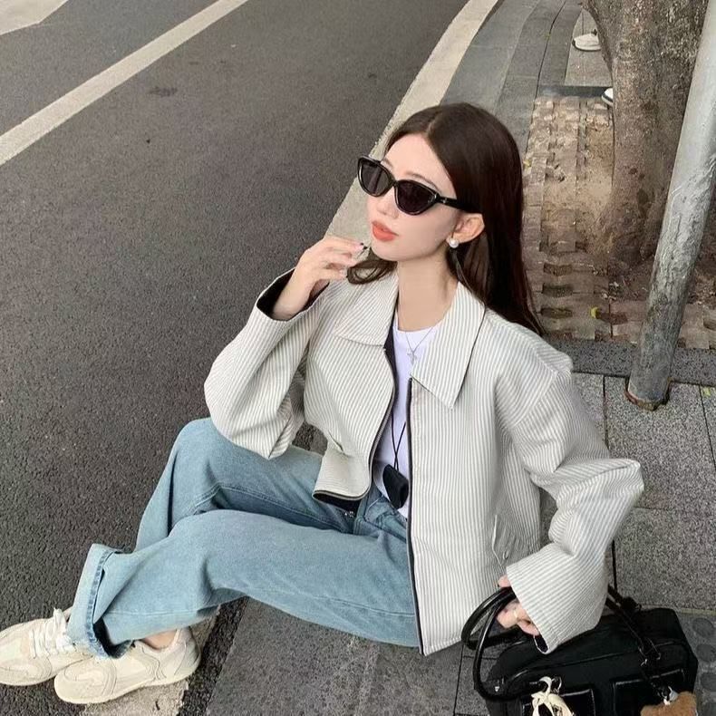 韩国chic春季复古减龄翻领正反两穿宽松百搭长袖条纹夹克短外套女|undefined