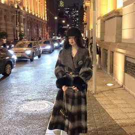 狐狸毛韩系复古格子羊毛双面呢 大衣中长款