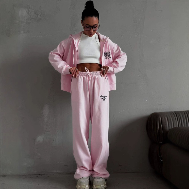 European and American Zipper Hooded Sweatshirt Coat suit Women's New Embroidered Sweatpants Women's High Waist Casual Sports Trendy Pants