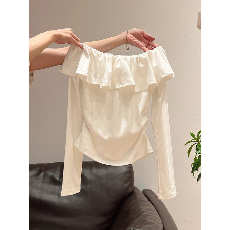 Ruffled Off-Shoulder Long-Sleeve T-Shirt for Autumn Fashion, Inner Layer Base Shirt, Off-Shoulder Ruched Top for Women Ruffled Off-Shoulder Long-Sleeve T-Shirt for Autumn Fashion, Inner Layer Base Shirt, Off-Shoulder Ruched Top for Women