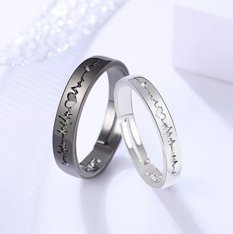 Black and White Electrocardiogram Couple Rings, Matching Rings, Student Rings, Jewelry Wholesale, Gifts, Engraved Gifts