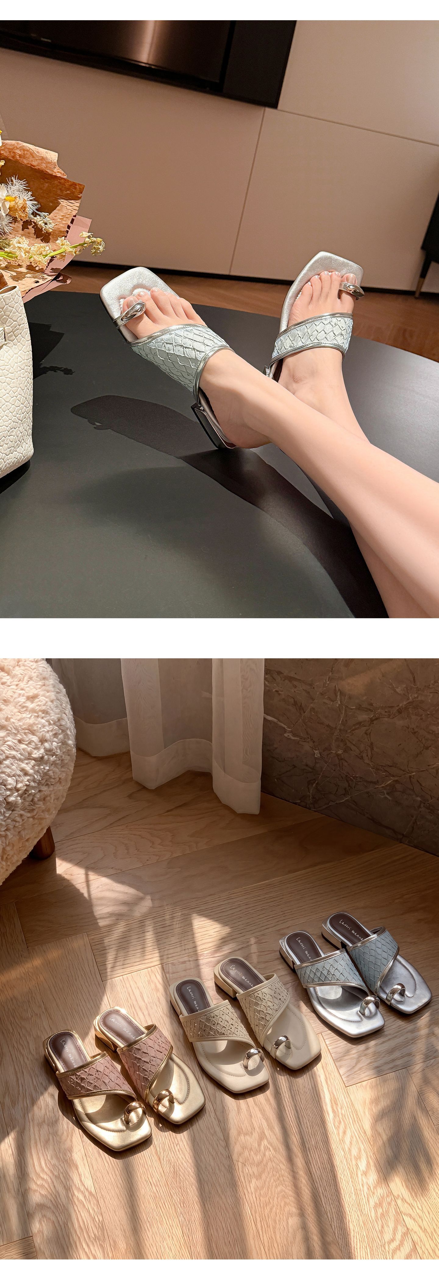 Dép sandal xỏ ngón nữ đế bệt phong cách Pháp mũi vuông, chất liệu giả da cá sấu, quai đan dệt — màu thiên thanh, màu hồng, màu trắng ngà chi tiết 18