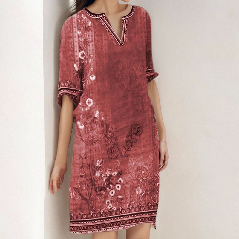 Spring Women's Retro Ethnic Style Mid-Length V-Neck Short-Sleeved Casual Dress For Women_ecoleips.com